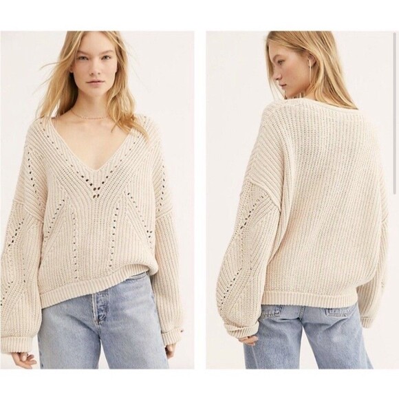 Free People All Day Long V Neck Knit Sweater Size Medium OB1059892 - Picture 2 of 12